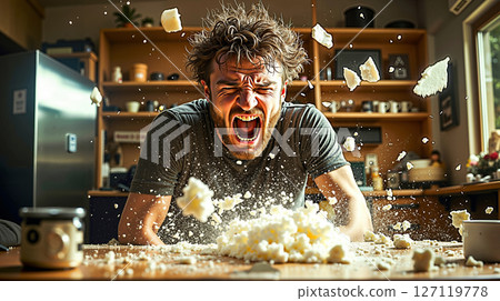A man yelling at a table covered in flour 127119778