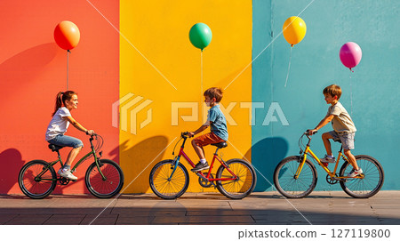 Three children riding bikes with balloons in the air 127119800