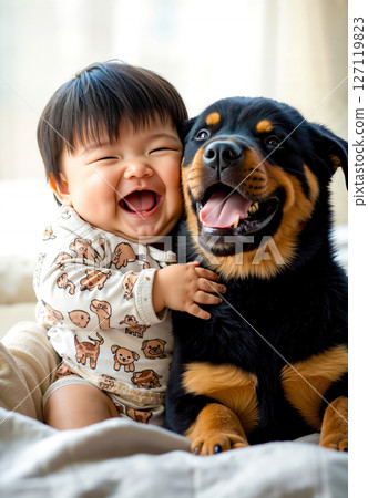 A baby and a dog are laughing together on a bed 127119823