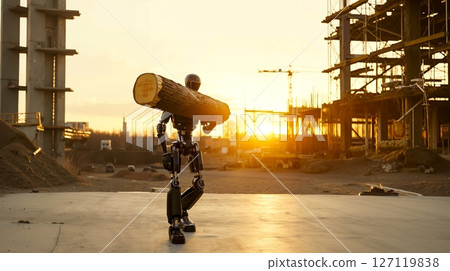 A robot carrying a large piece of wood on his back 127119838