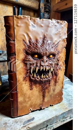 A book with a picture of a monster face on it 127119839
