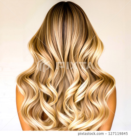 A woman with long wavy blonde hair is shown from the back 127119845