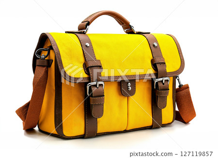 A yellow and brown bag with two straps on it A yellow and brown bag with two straps on it 127119857