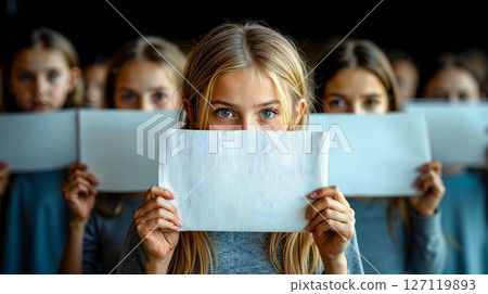 A group of young girls holding up a piece of paper in front of their faces A group of young girls holding up a piece of paper in front of their faces 127119893