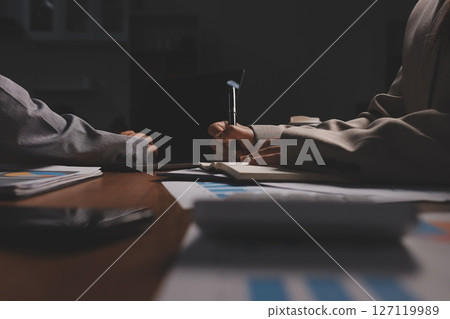 Group of confident business people point to graphs and charts to analyze market data, balance sheet, account, net profit to plan new sales strategies to increase production capacity. 127119989