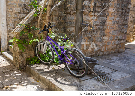 Purple bicycle leaning against old water pump in narrow stone alley. Urban charm, vintage street life, and Mediterranean atmosphere. 127120099