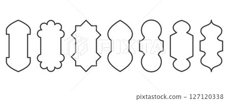 Ramadan frame shapes. Window Arabic arc outline elements. Door design with Turkish ornament. Muslim oriental sticker template. Traditional decoration set for banner and badge. 127120338
