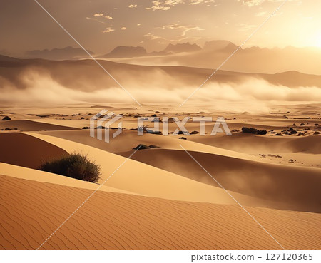 A fascinating desert with a sandstorm in the distance A fascinating desert with a sandstorm in the distance 127120365