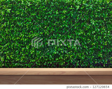 Empty wooden table, lush green bush background for product placement. Empty wooden table, lush green bush background for product placement. 127120654