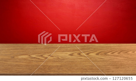 Empty beautiful wooden table, red background. Empty beautiful wooden table, red background. 127120655