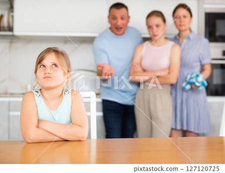 At home kitchen parents scold sitting child for bad behavior at school 127120725