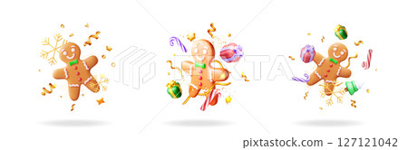 Festive gingerbread man in a 3d set collection 127121042