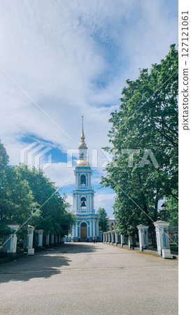 Panoramic view of St. Nicholas Naval Cathedral with high bell tower. Nikolo-Bogoyavlenskiy Morskoy Sobor built in 1762 in Saint Petersburg, Russia Panoramic view of St. Nicholas Naval Cathedral with high bell tower. Nikolo-Bogoyavlenskiy Morskoy Sobor built in 1762 in Saint Petersburg, Russia 127121061