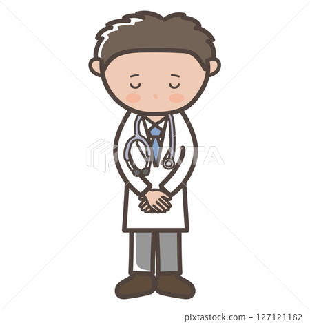 Full-body illustration of a male doctor (nurse) bowing his head and apologizing 127121182