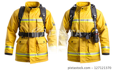 Two firefighter turnout jackets or fire suits on black background 127121370