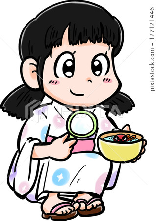 Smiling girl in yukata scooping goldfish 127121446
