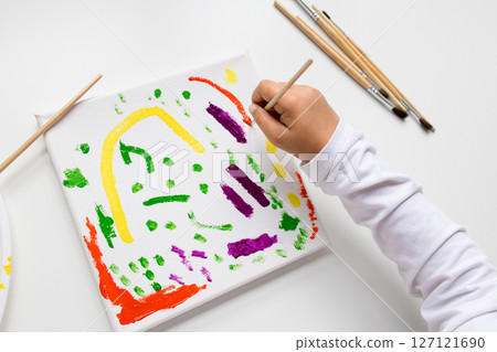 Child colorful abstract painting on canvas with brushes Child colorful abstract painting on canvas with brushes 127121690