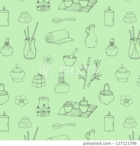 Ayurvedic doodles seamless pattern. traditional Hindu treatment. Indian massage, body care, health care, ayurvedic item set. Drawn herbal bags, aromatic oil, candle, aroma sticks, bamboo, and soaps. Ayurvedic doodles seamless pattern. traditional Hindu treatment. Indian massage, body care, health care, ayurvedic item set. Drawn herbal bags, aromatic oil, candle, aroma sticks, bamboo, and soaps. 127121706