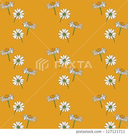 Chamomile flowers seamless pattern. White chamomiles on yellow background. 127121711