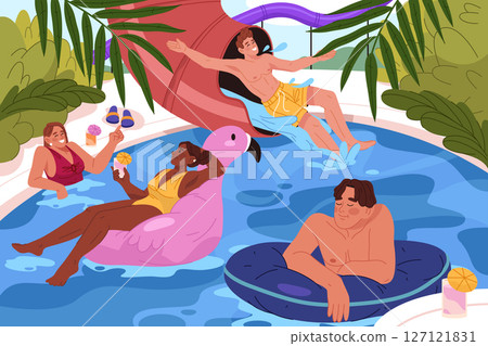 Water park or aquapark entertainment. Vector poster with character at pool using aqua slides and splash pool, floating ring, riding attraction. Summer recreation or holiday. Waterpark outdoor activity 127121831