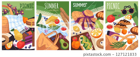 Set of summer picnic banner. Weekend outdoor family gathering or friends park party with food and blanket. Clipart nature celebration with fruit and snack. Vacation lunch and relaxation sign. Leisure. 127121833
