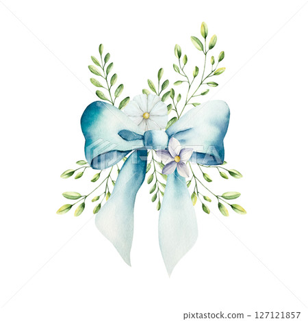 Decorative blue bow with long ribbon, spring flowers and branch with leaves. Watercolor hand drawn gerbera, chamomile, echinacea illustrations isolated on background, transparent png. Botanical and 127121857