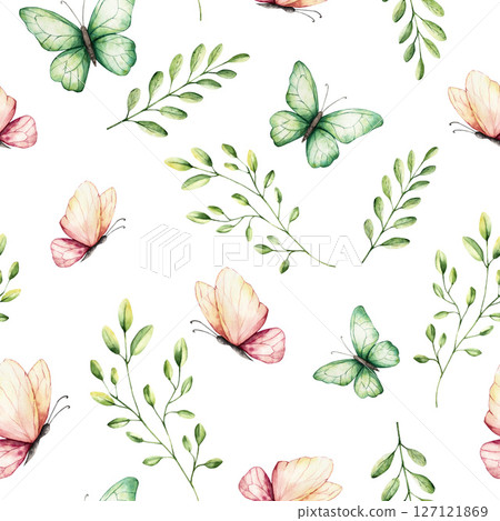 Seamless pattern with beautiful colorful butterflies and spring branches with leaves. Watercolor hand drawn insect clipart isolated on background. Botanical and wedding illustration. Baby shower Seamless pattern with beautiful colorful butterflies and spring branches with leaves. Watercolor hand drawn insect clipart isolated on background. Botanical and wedding illustration. Baby shower 127121869