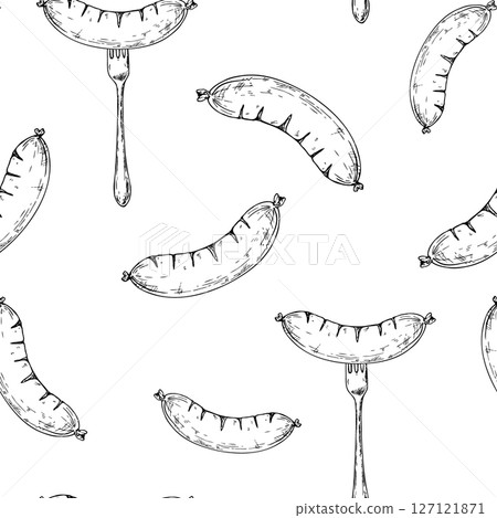 Seamless pattern with vector grilled sausage on fork. Graphic German bratwurst illustration isolated on background. Hand drawn line sketch. For designers, prints, postcards, wrapping paper, icon Seamless pattern with vector grilled sausage on fork. Graphic German bratwurst illustration isolated on background. Hand drawn line sketch. For designers, prints, postcards, wrapping paper, icon 127121871