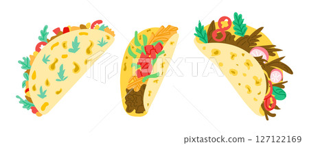 Colorful set of three tacos filled with various meats Colorful set of three tacos filled with various meats 127122169