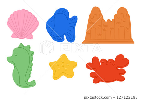 Kids beach toys including shell, fish, crab, star Kids beach toys including shell, fish, crab, star 127122185