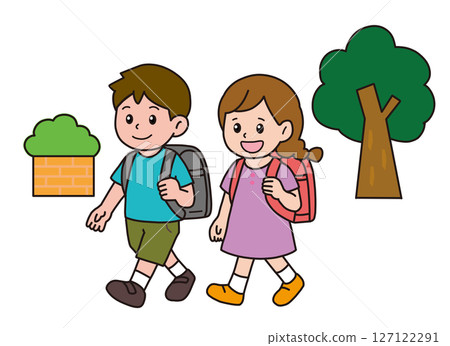 Children going to and from elementary school with their backpacks Children going to and from elementary school with their backpacks 127122291