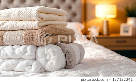 A stack of towels sitting on top of a bed 127122341