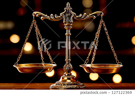 A pair of scales of justice on a wooden table 127122369