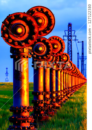 A row of rusty pipes in the middle of a grassy field 127122380