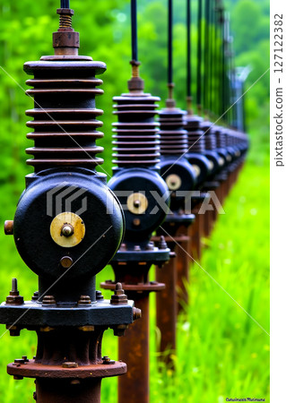 A row of electrical substations in a field of green grass 127122382