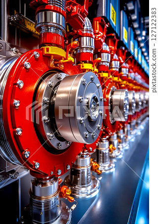A row of red and silver valves in a large room 127122383