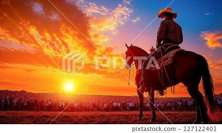 A man riding a horse in front of a crowd of people at sunset 127122401
