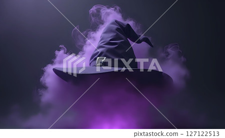 A levitating witch hat enveloped in swirling purple smoke, 127122513