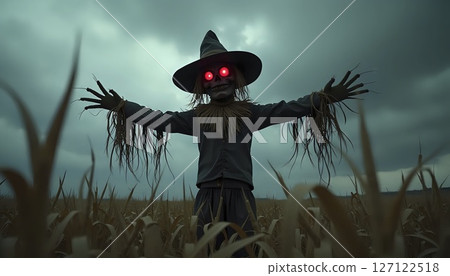 Scarecrow With Burning Eyes In Cornfield 127122518