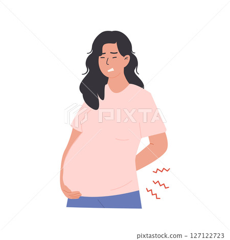 Pregnant woman experiencing back pain and holding her lower back with discomfort. Prenatal body strain during third trimester. Flat Style Vector Illustration isolated on white background. 127122723