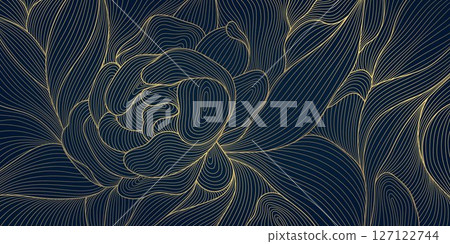 Vector floral line pattern, vintage flowers and leaves japanese luxury background. Abstract plant ornament, art deco foliage tropical design. Elegant blossom banner. 127122744