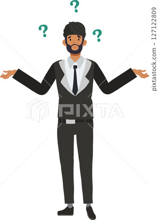 confused businessman indian man in suit with question marks. workplace stress and decision making 127122809