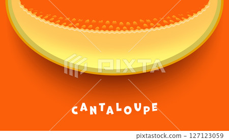Vector illustration of a cantaloupe slice with juicy pulp and playful text on orange background. Ideal for summer food themes, kids design, packaging, or fruit concepts 127123059