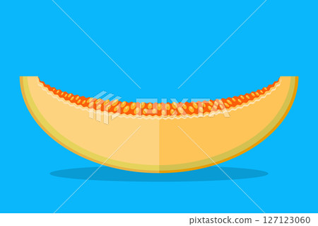 Flat vector illustration of a cantaloupe slice with seeds on a bright blue background. Perfect for food design, summer themes, packaging, healthy eating, and childrens content 127123060