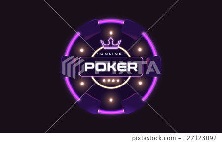 Neon glowing poker chip with crown and Poker Online text on dark background. Bright futuristic casino concept for banners, advertisements, and gaming platforms 127123092
