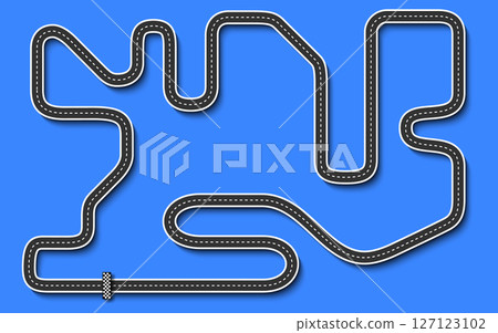 Top view of a winding race track with dashed road lines and checkered finish, set on a bright blue background. Perfect for driving games, racing design, or kids visuals Top view of a winding race track with dashed road lines and checkered finish, set on a bright blue background. Perfect for driving games, racing design, or kids visuals 127123102