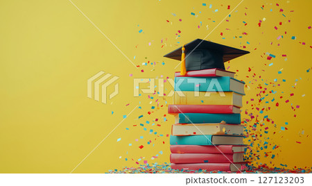 Graduation cap on colorful books with confetti, created with AI 127123203