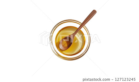 Golden honey in a glass jar with a spoon resting, created with AI, PNG 127123245