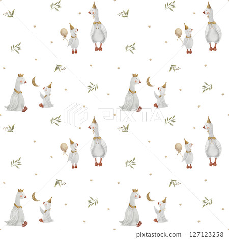 Seamless pattern geese in green leaves, branches berries. Watercolor illustration goose hand drawn in children's style on white background for the design textiles, fabrics, packaging, clothes, cards Seamless pattern geese in green leaves, branches berries. Watercolor illustration goose hand drawn in children's style on white background for the design textiles, fabrics, packaging, clothes, cards 127123258