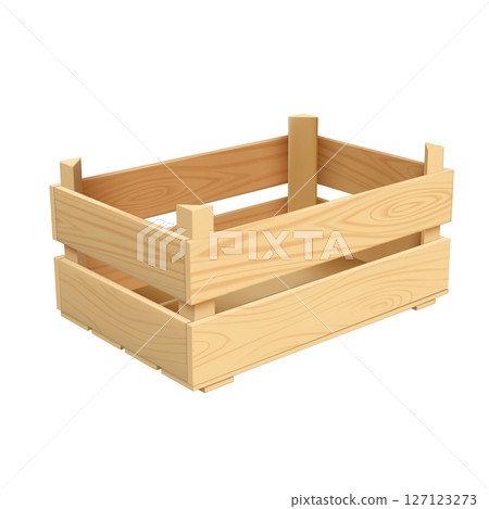 Rectangular wooden crate with two thick planks, side view. 127123273